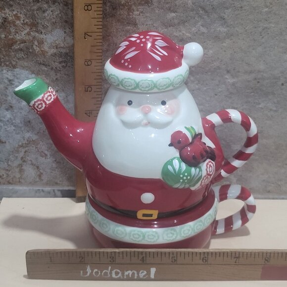 Temptations by Tara 3 Piece Ceramic Stacking Santa Teapot Mug Cup Set - Picture 9 of 12